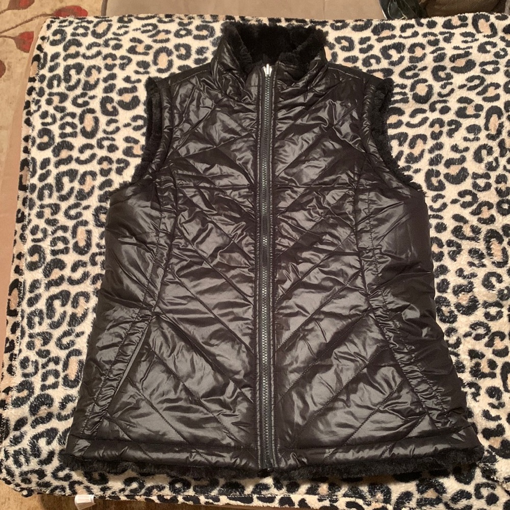 Women’s Nicole Miller Faux Fur Reversible Puffer Black Vest ~ Small